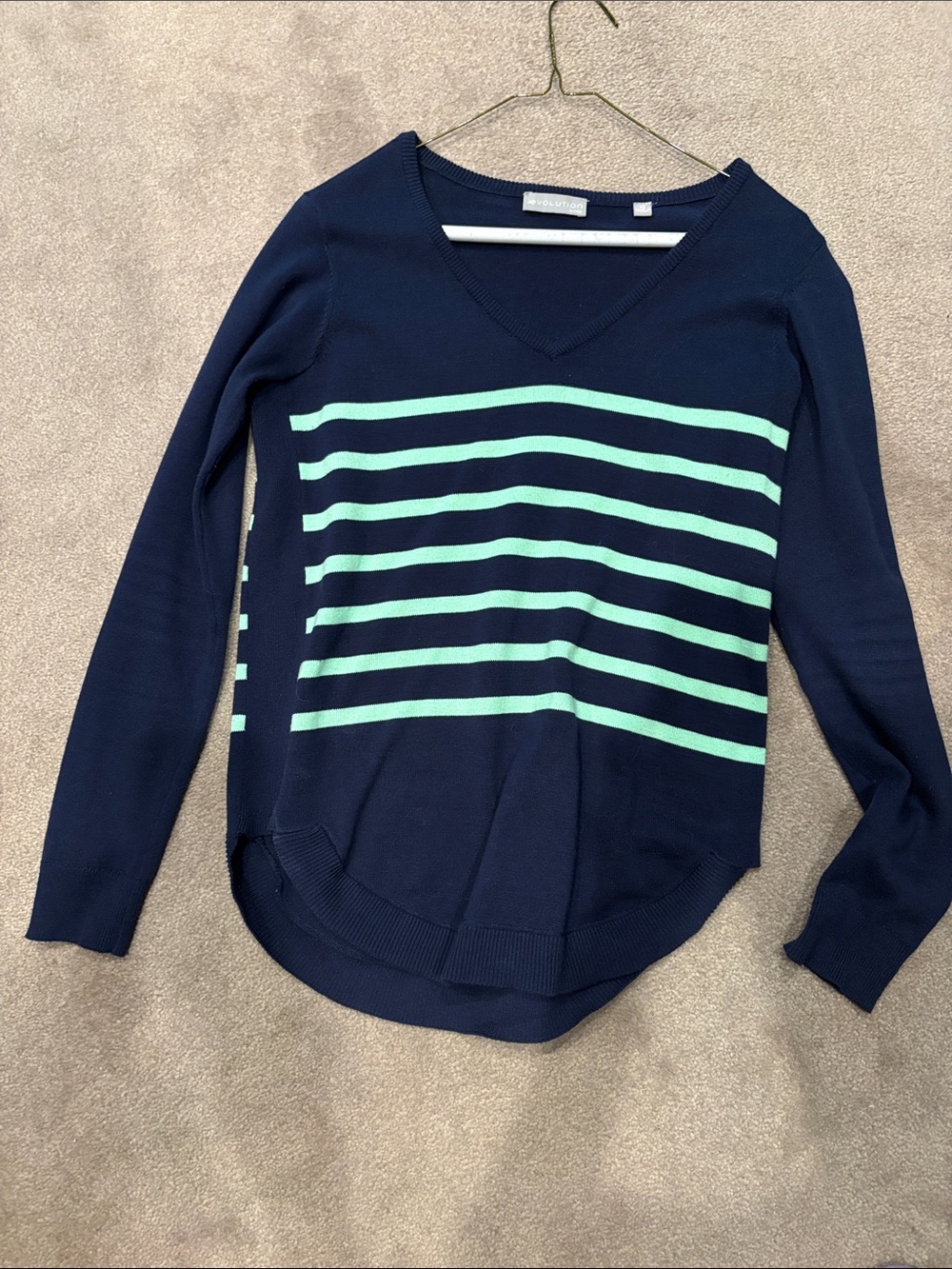 V-Neck Striped Crew Sweater in Navy and Mint